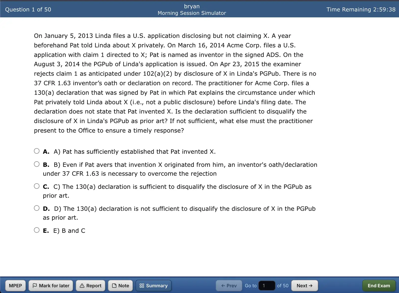 The Wysebridge Exam Simulator: a timed question with flag and MPEP controls